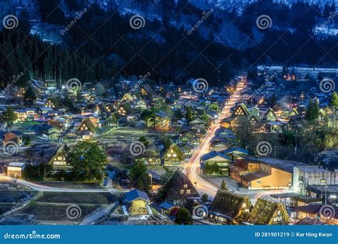 Shirakawa-go at Night and Houses are Light Up Classic View Stock Image - Image of snow, alpine ...