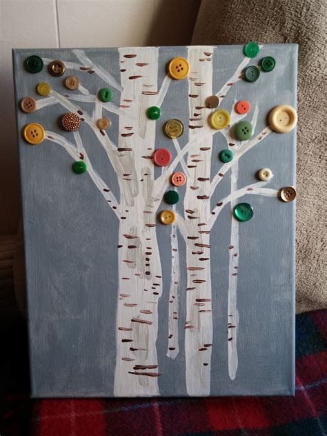 Button Tree art on canvas - I painted birch trees and hoped to do mostly yellow buttons (I ...