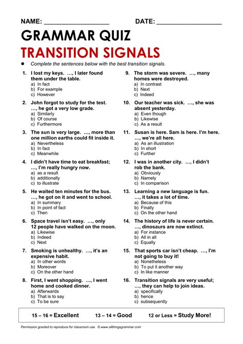 Transition Worksheets