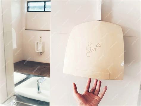 Premium Photo | Hand using automatic hand dryer after toilet for hygiene.