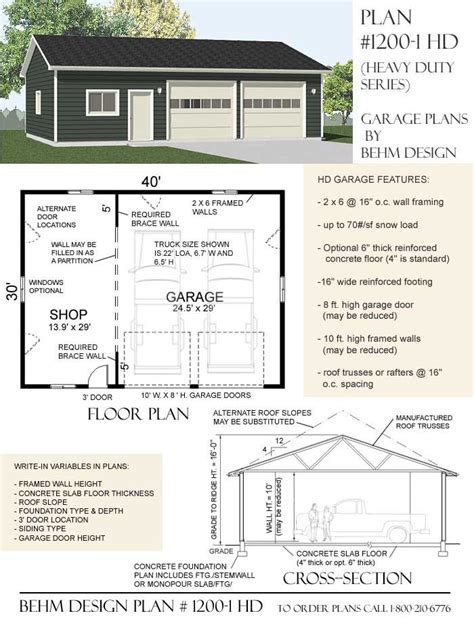 Heavy Duty SUV Truck Garage Shop Plan 1200-1HDR 40' x 30' | Garage shop ...