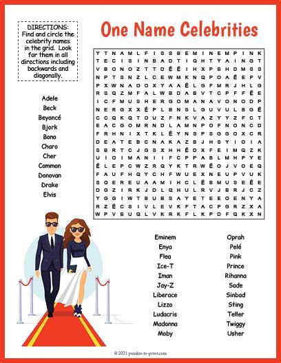 Free Printable One Name Celebrities Word Search | Word puzzles for kids, Free printable word ...