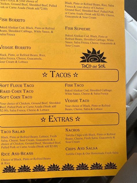 Menu at Taco Del Sol restaurant, Kalispell