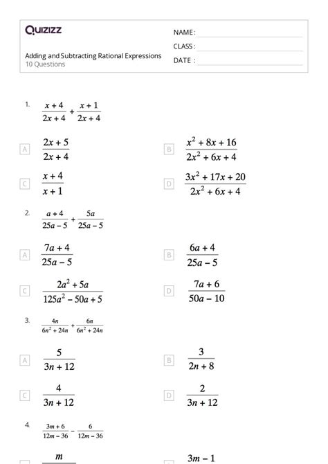 50+ Rational Expressions worksheets for 10th Year on Quizizz | Free & Printable