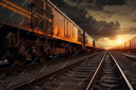 Premium Photo | A train is on the tracks and the sunset in the background