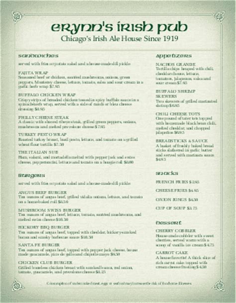 Corner Pub Irish Menu | Irish Menus