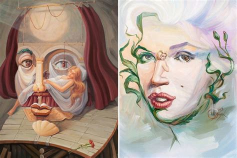 two paintings of women with different facial expressions and one has ...