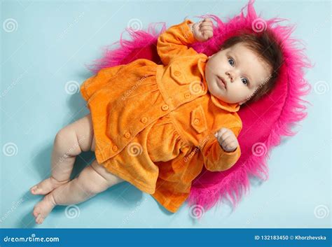 Cute Infant Baby Girl in Orange Dress, Beautiful Kid`s Full Leng Stock ...