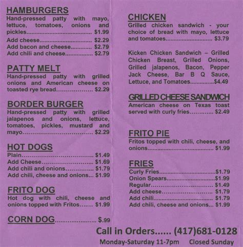 Take Out Menu for Bob's Grill