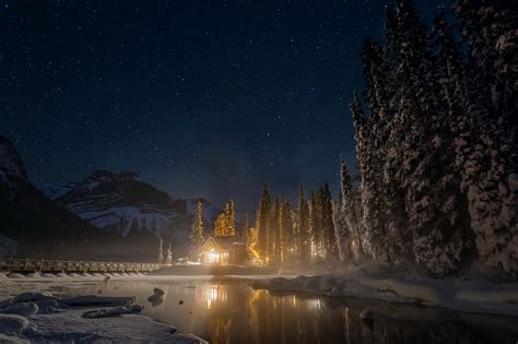 Fondos de Pantalla Canadá Lago Montañas Bosques Invierno Emerald Lake Noche Naturaleza descargar ...