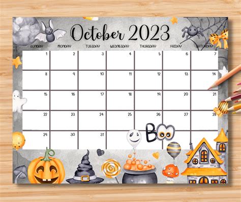 EDITABLE October 2023 Calendar Cute Spooky Halloween 2023 - Etsy UK