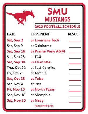 Printable 2023 SMU Mustangs Football Schedule