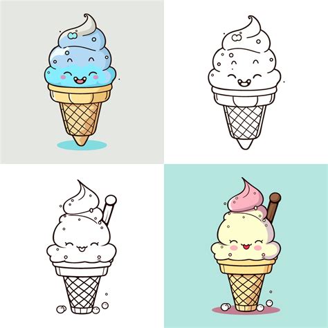 Cute Ice Cream Cartoon line art vector Icon illustration, Food drinks ...