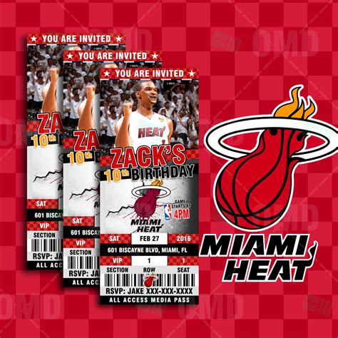 Sports Invites - Miami Heat Sports Ticket Style Party Invites – 2.5×6″