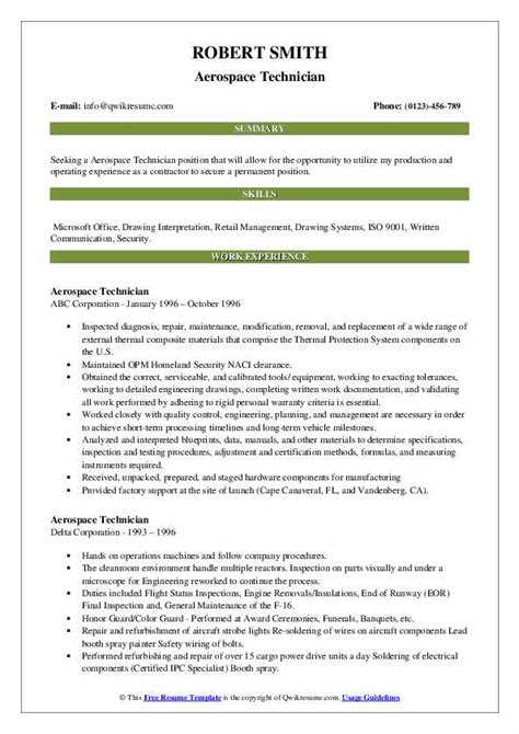 Aerospace Technician Resume Samples | QwikResume