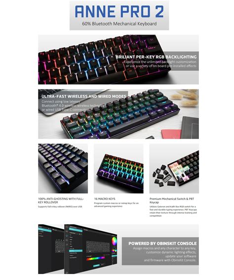 Anne Pro 2 60% Mechanical Keyboard Black Wired/Wireless Dual Mode Full RGB Double Shot PBT ...