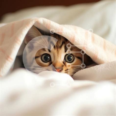 Adorable Kitten Hiding under Blanket on a Cozy Bed stock photo | Creative Fabrica