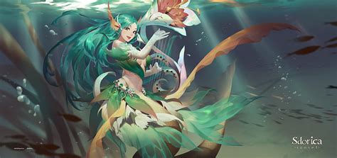 Mermaid, green, sdorica, anime, manga, harp, siren, orange, fantasy, girl, HD wallpaper | Peakpx