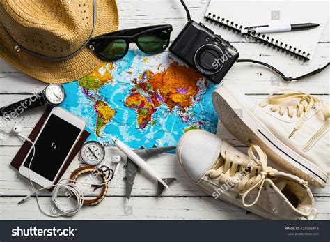 Overhead View Travelers Accessories Essential Vacation Stock Photo 425996818 | Shutterstock