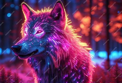 Premium Photo | Futuristic surreal wolf in neon punk with dark jungle in background