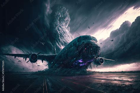 plane crash that is sitting on a runway, concept art with vivid color ...