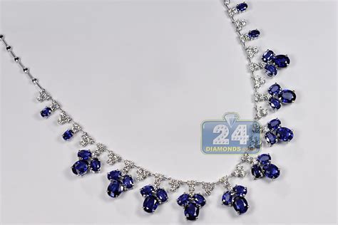 Womens Blue Sapphire Diamond Necklace 14K White Gold 29.74ct 17"