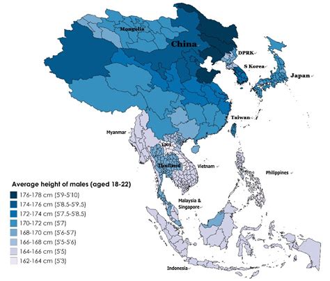 Average height of Asian males aged 18-22 - Vivid Maps