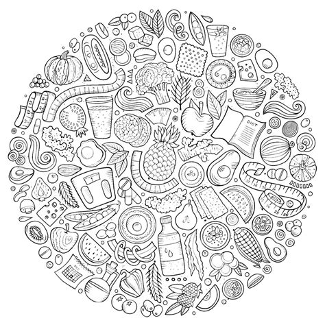 A Collection Of Diet Food Doodle Objects In Vector Cartoon Style ...