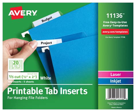 Avery Printable Tab Inserts for Hanging File Folders, 1/5 cut, 2" Pack of 100 (11136) - Walmart.com