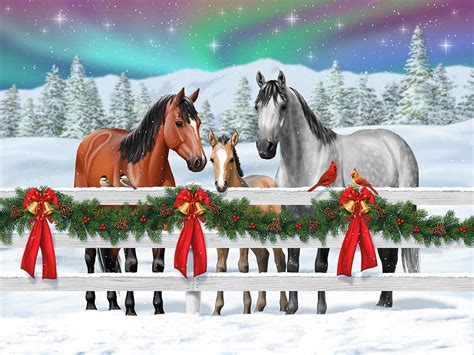 Christmas Scene Bay Buckskin Dapple Gray Horses In Snow Painting by ...