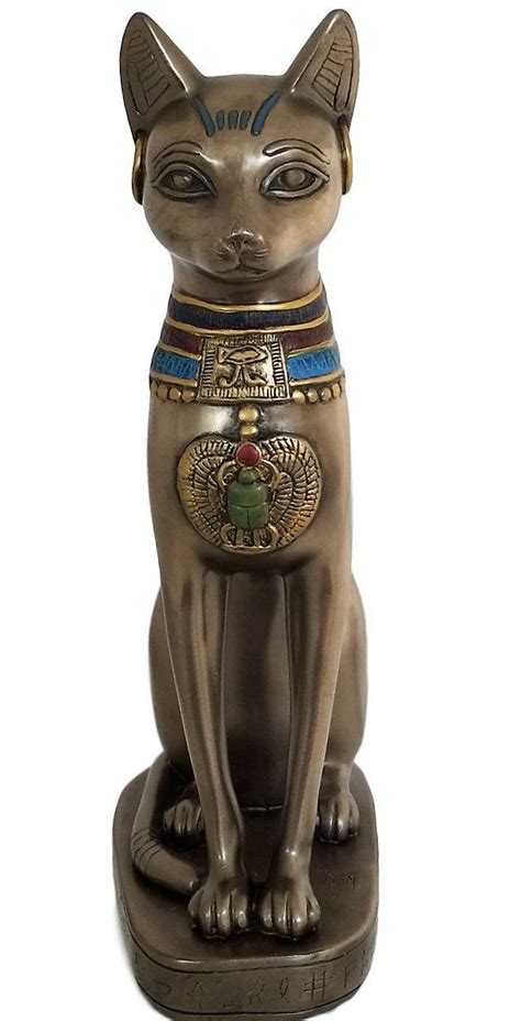 Cat Goddess Bastet Statue - Bronze Tone Bast with Scarab and Eye of Horus Necklace Home Decor ...