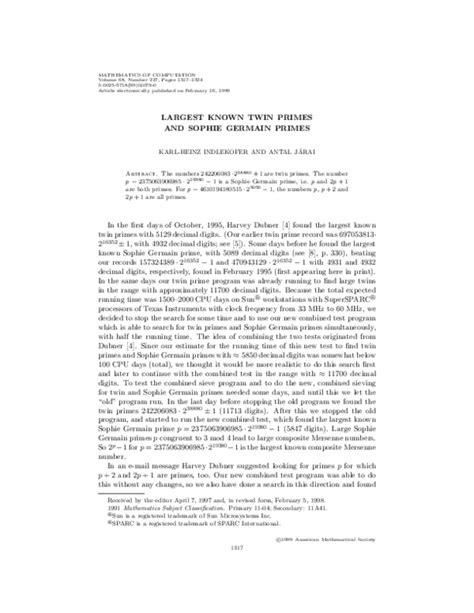 (PDF) Largest known twin primes and Sophie Germain primes | Karl-Heinz ...