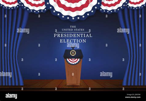 President podium with microphone on stage design for US Presidential election of 2016. Vector ...