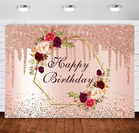 Rose Gold Birthday Backdrop Burgundy Flower Happy Birthday Photography ...