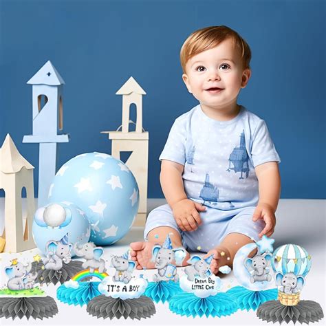 thinkstar 9 Pcs Elephant Baby Shower Honeycomb Party Decorations For Boys,Cute Blue Elephant ...