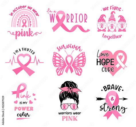 Breast cancer awareness quotes set. Illustration in support of breast cancer patients. Symbols ...