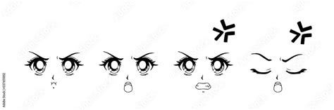 Set of anime angry faces. Hand drawn vector cartoon illustration. Stock ...