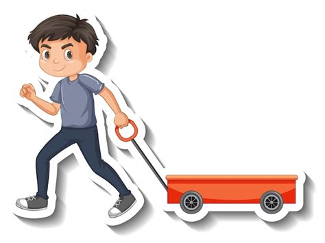 Free Vector | Boy pulling wagon cartoon character sticker