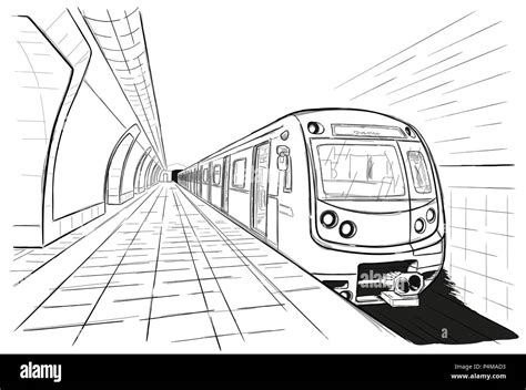 Hand drawn ink line sketch subway station, train in outline style ...