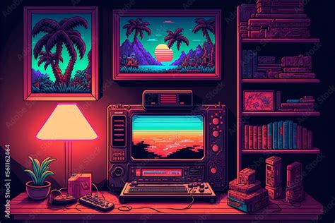 Old video game console with landscape in the background, 16 bit pixel art. Digital illustration ...