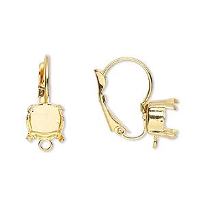 Ear wire, gold-plated brass, 20mm leverback with SS39 4-prong rivoli or ...