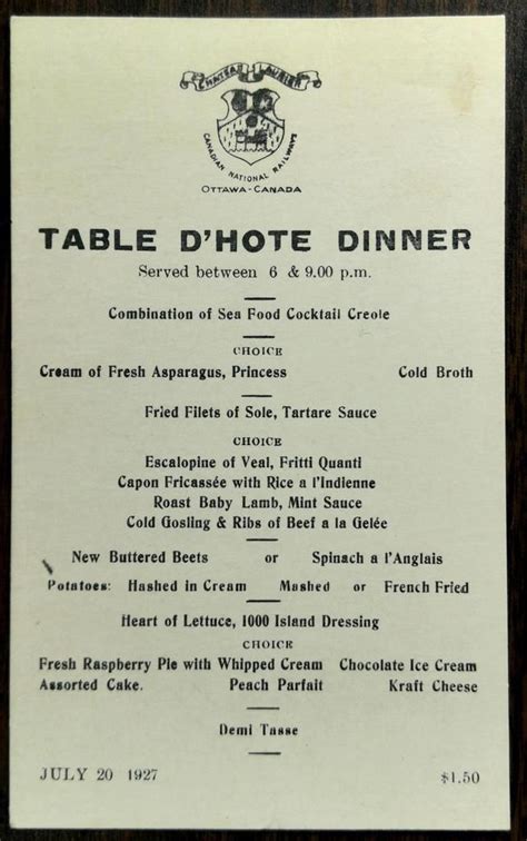 1927 Original Table D'Hote Menu Card CANADIAN NATIONAL RAILWAYS Ottawa Canada | Menu cards ...