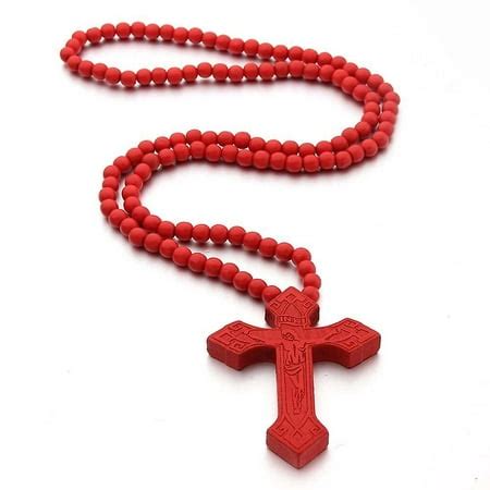 Black Red Wooden Jesus Inri Cross Pendant Necklaces Wood Bead Carved Rosary Necklace For Men ...