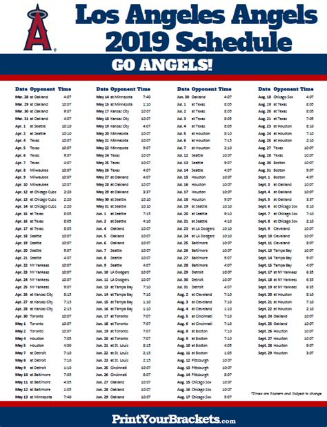 Los Angeles Angels Printable Schedule