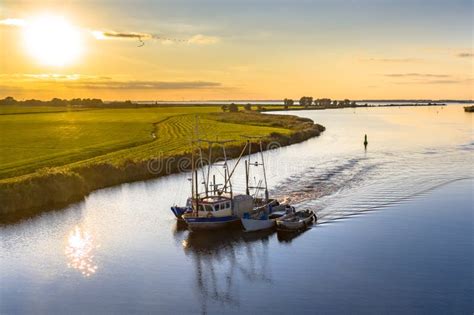 Aerial View of River with Ship at Sunset Stock Image - Image of protection, countryside: 239834115