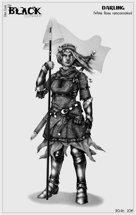 a black and white drawing of a man in armor holding a flag with the ...