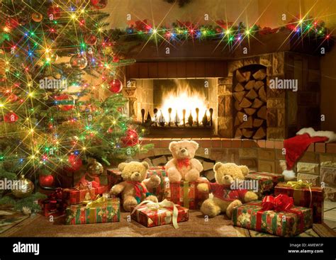 Christmas scene decoration with fireplace Stock Photo - Alamy