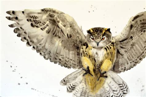 Owl Flying Painting by Olga Beliaeva Watercolour | Saatchi Art