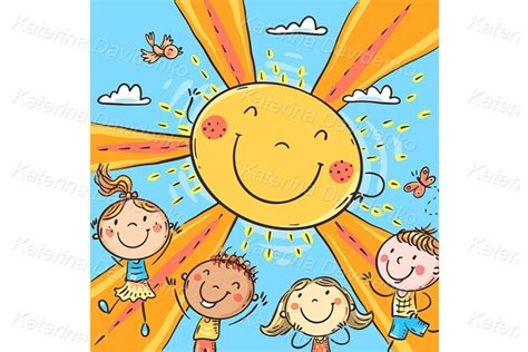 Happy kids under the sun, clipart vector illustration