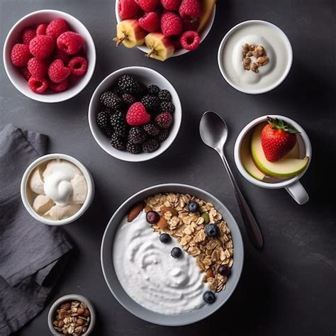 Premium AI Image | A bowl of cereal, yogurt, and berries are on a table.